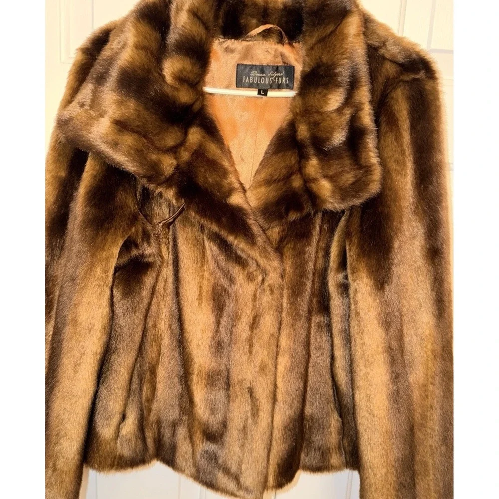 Donna Salyers Fabulous Furs Brown Faux Mink Fur Coat Size Large Glamour Mob Wife